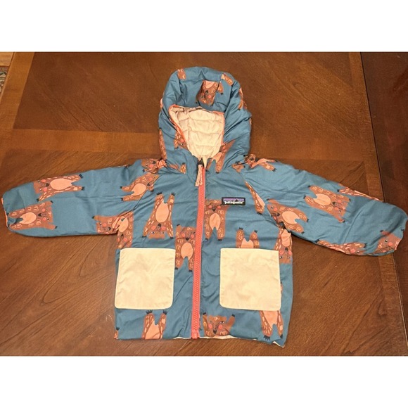 Patagonia Other - Patagonia Reversible Down Bear Print Pink Sweater Hoody Size 12-18 Months